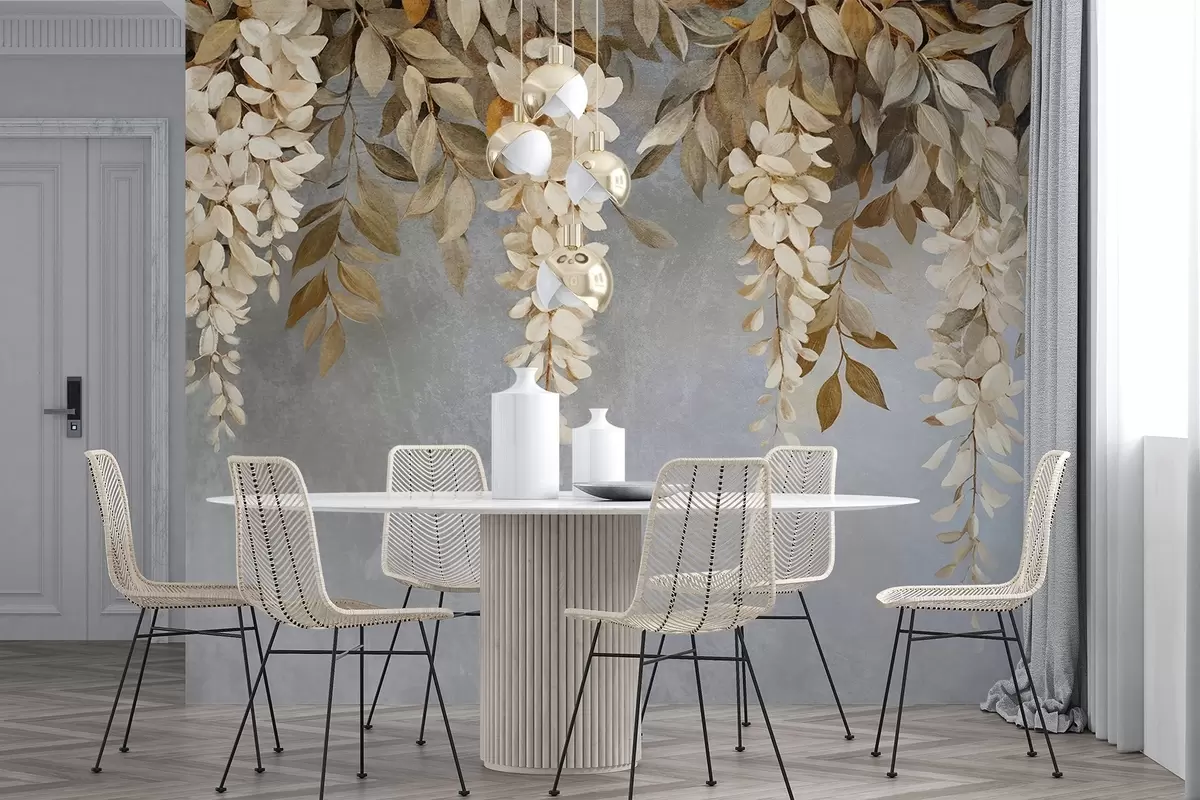 Papier peint Délicates fleurs de glycine blanches et beige clair avec leur feuillage tombant en cascade sur un fond gris doux w08531