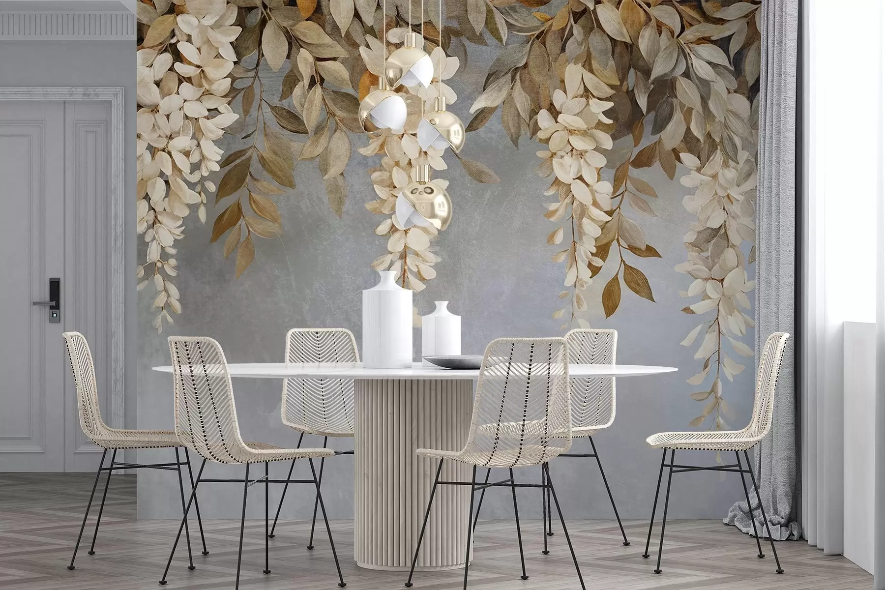 Papier peint Délicates fleurs de glycine blanches et beige clair avec leur feuillage tombant en cascade sur un fond gris doux w08531