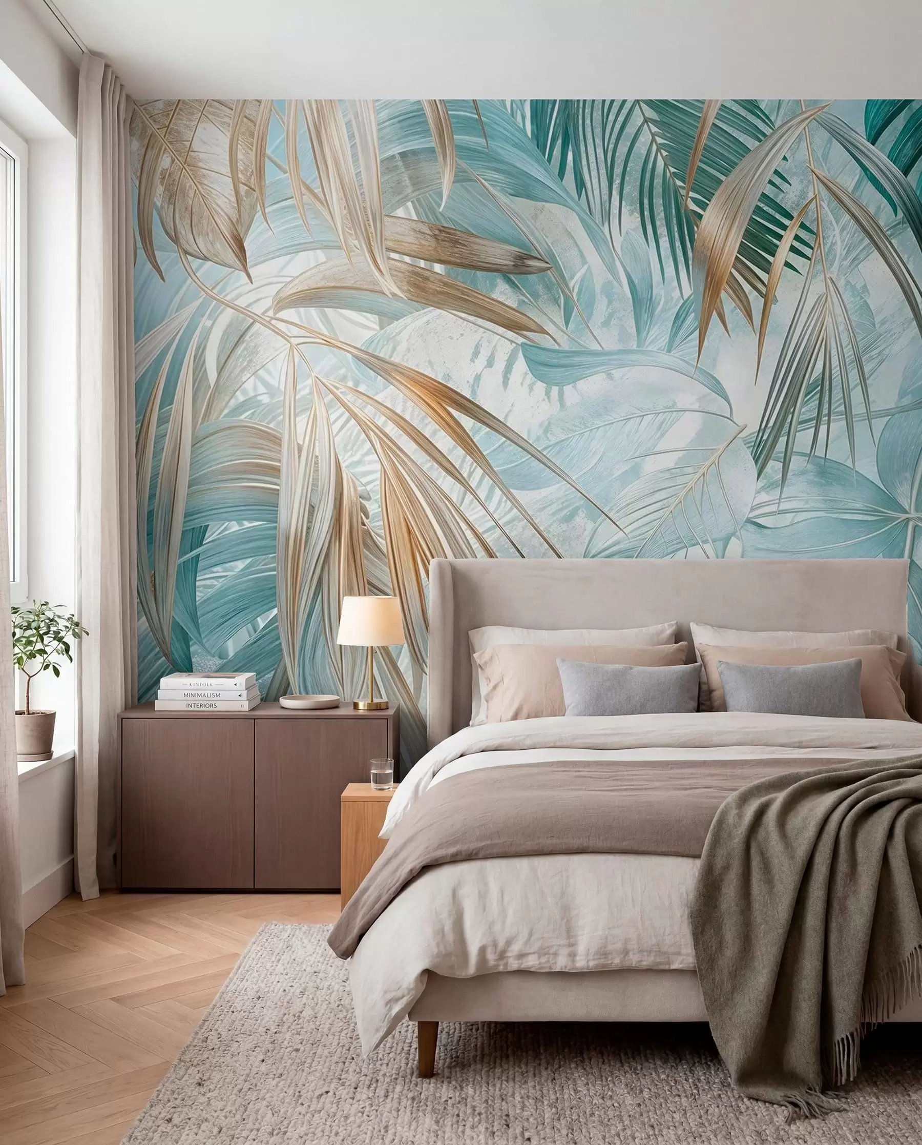 Papier peint Un imprimé floral abstrait tropical avec de grandes feuilles de palmier dans des tons bleus et beiges crée une atmosphère luxuriante w08532