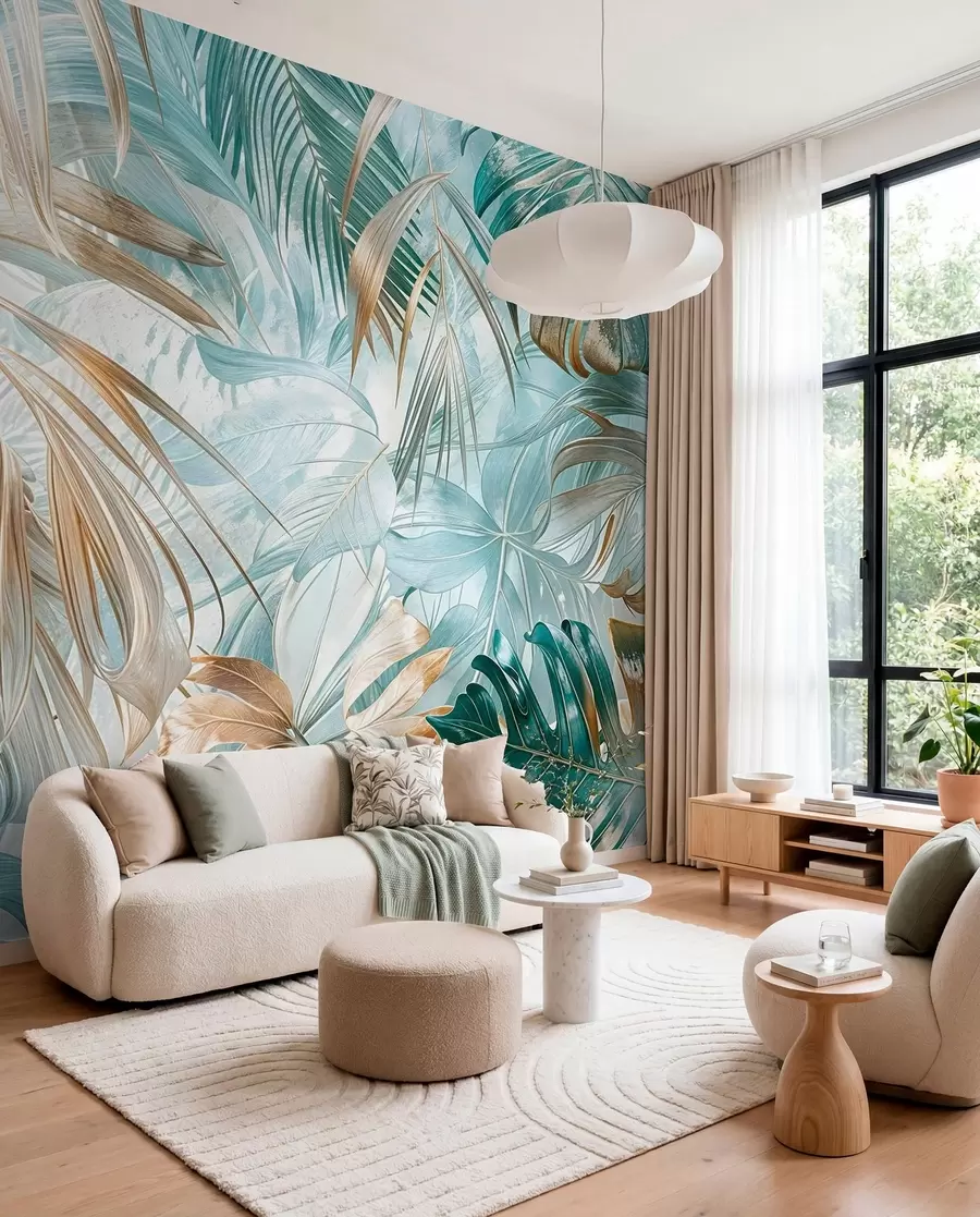 Papier peint Un imprimé floral abstrait tropical avec de grandes feuilles de palmier dans des tons bleus et beiges crée une atmosphère luxuriante w08532