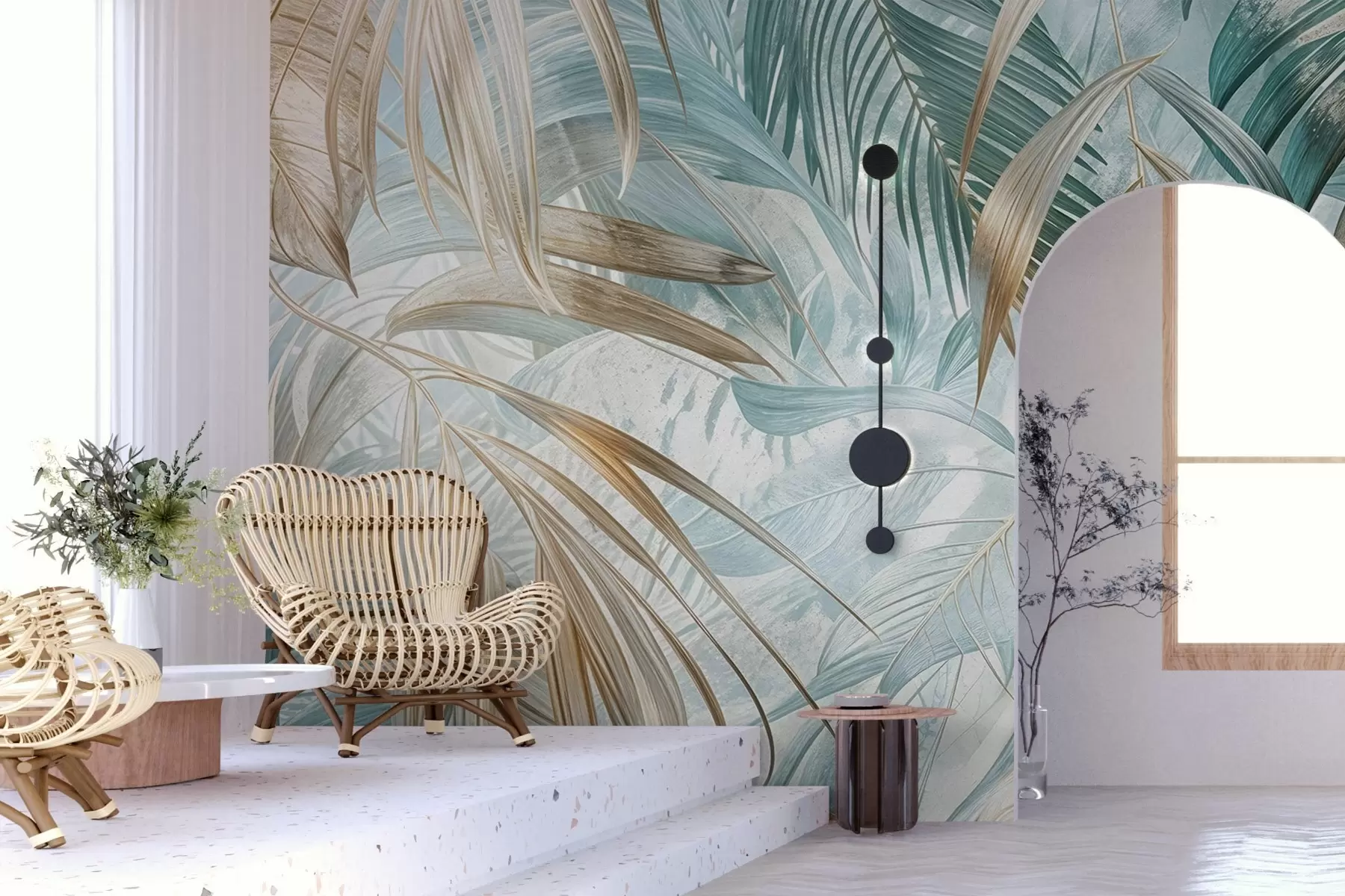 Papier peint Un imprimé floral abstrait tropical avec de grandes feuilles de palmier dans des tons bleus et beiges crée une atmosphère luxuriante w08532