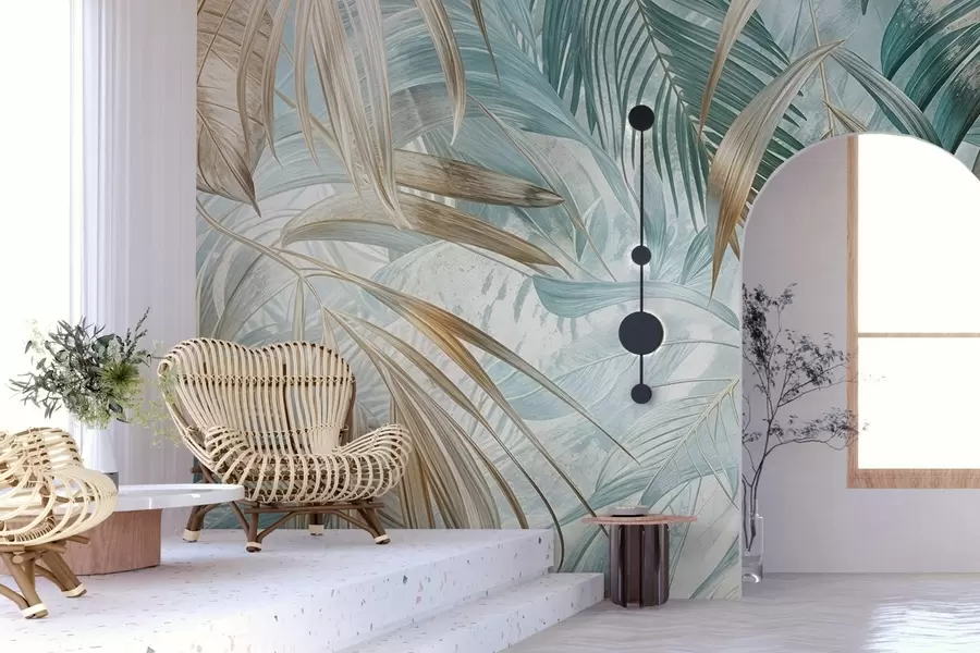 Papier peint Un imprimé floral abstrait tropical avec de grandes feuilles de palmier dans des tons bleus et beiges crée une atmosphère luxuriante w08532