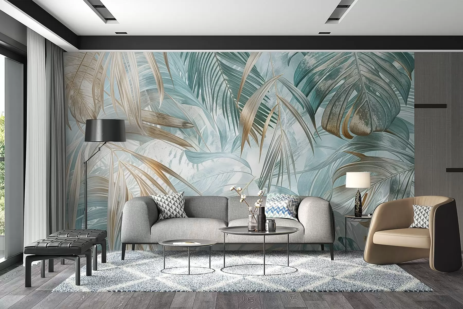 Papier peint Un imprimé floral abstrait tropical avec de grandes feuilles de palmier dans des tons bleus et beiges crée une atmosphère luxuriante w08532