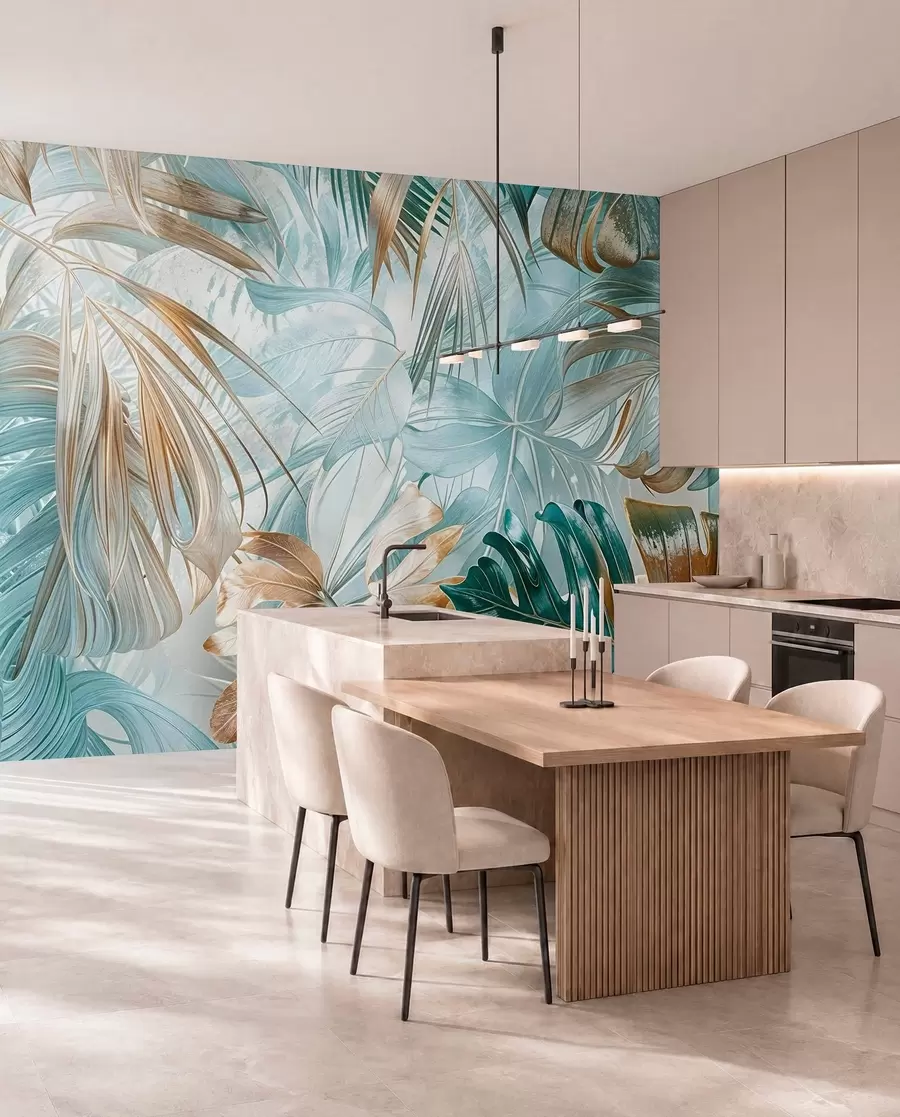 Papier peint Un imprimé floral abstrait tropical avec de grandes feuilles de palmier dans des tons bleus et beiges crée une atmosphère luxuriante w08532