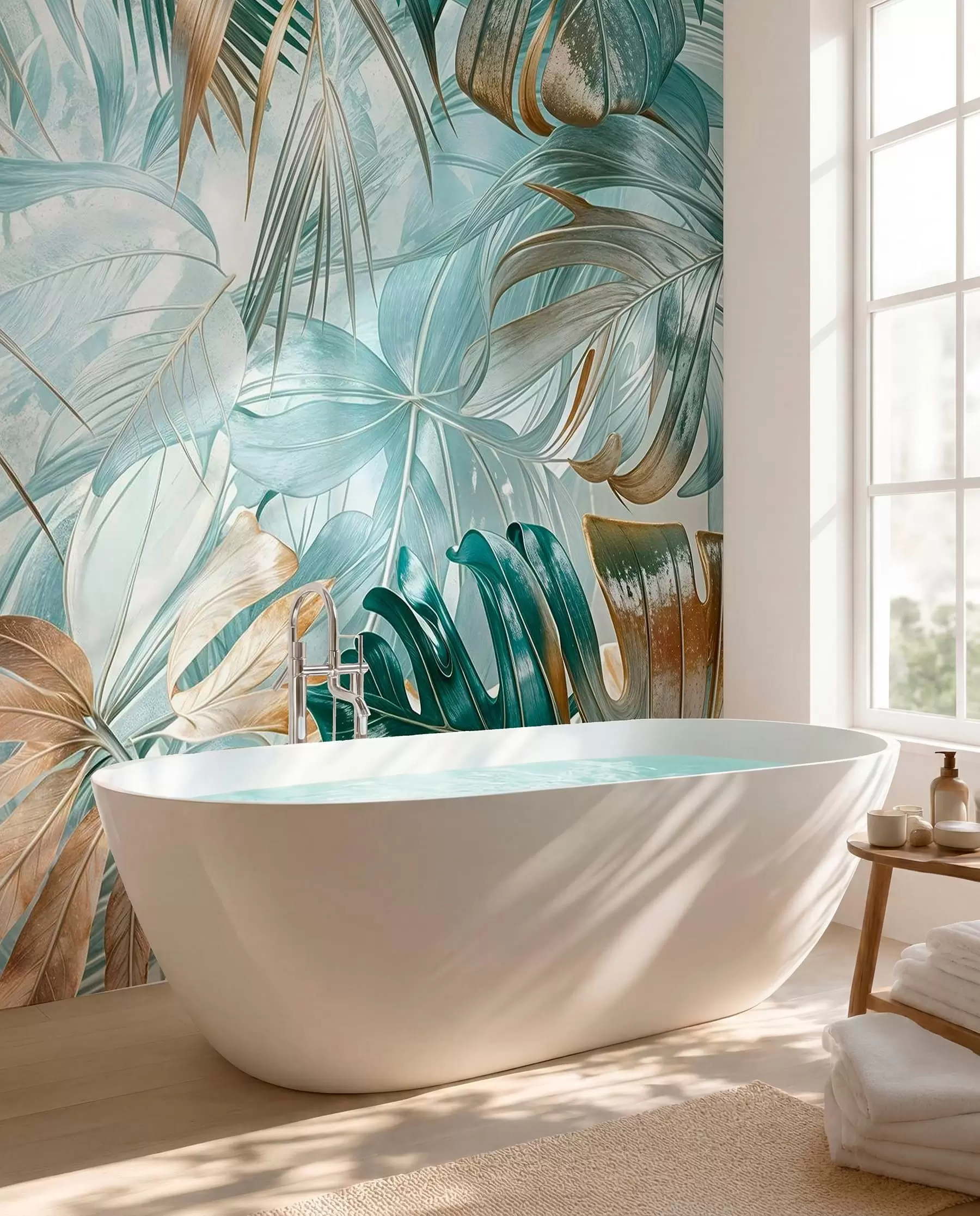 Papier peint Un imprimé floral abstrait tropical avec de grandes feuilles de palmier dans des tons bleus et beiges crée une atmosphère luxuriante w08532