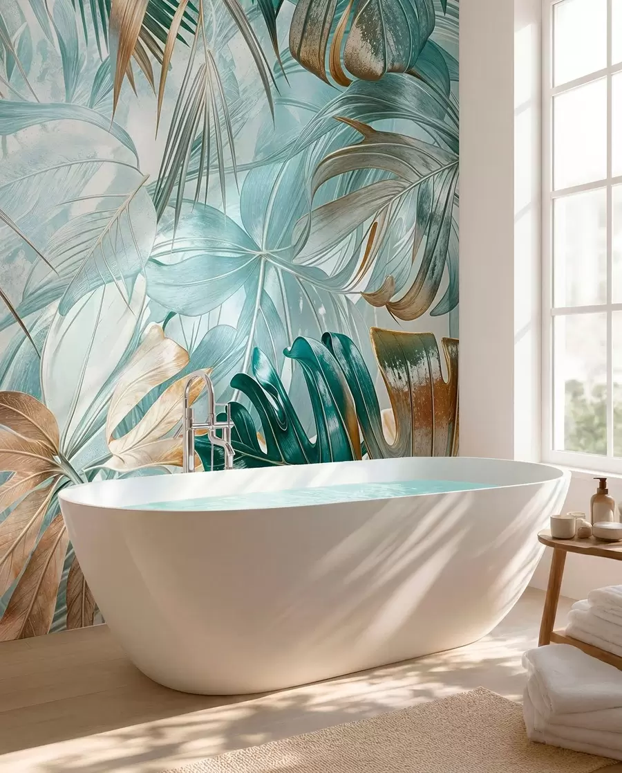 Papier peint Un imprimé floral abstrait tropical avec de grandes feuilles de palmier dans des tons bleus et beiges crée une atmosphère luxuriante w08532