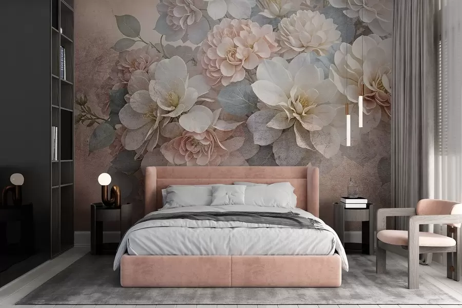 Papier peint Imprimé texturé doux avec des fleurs de pivoine pêche et blanche avec des feuilles vertes sur un fond beige w08534