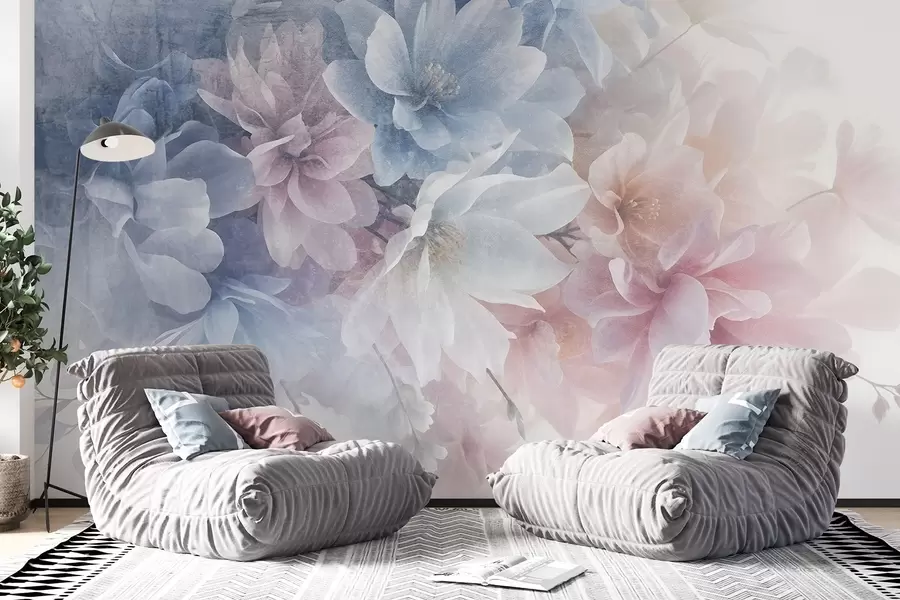 Papier peint Arrangement floral texturé aux couleurs douces et pastel avec de grandes fleurs délicates dans les tons rose, bleu et blanc  w08535