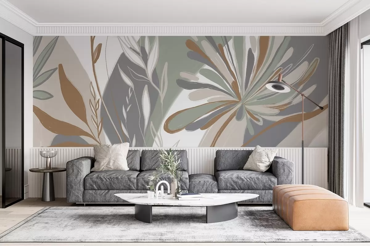 Papier peint Imprimé minimaliste floral abstrait avec des feuilles et des pétales stylisés dans les tons vert, gris et beige w08536