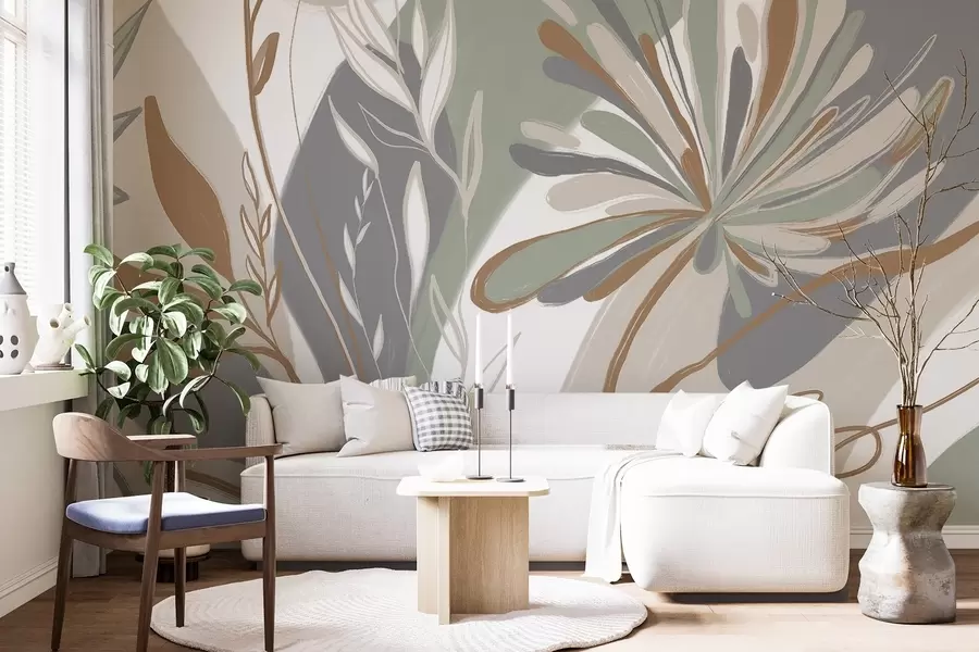 Papier peint Imprimé minimaliste floral abstrait avec des feuilles et des pétales stylisés dans les tons vert, gris et beige w08536