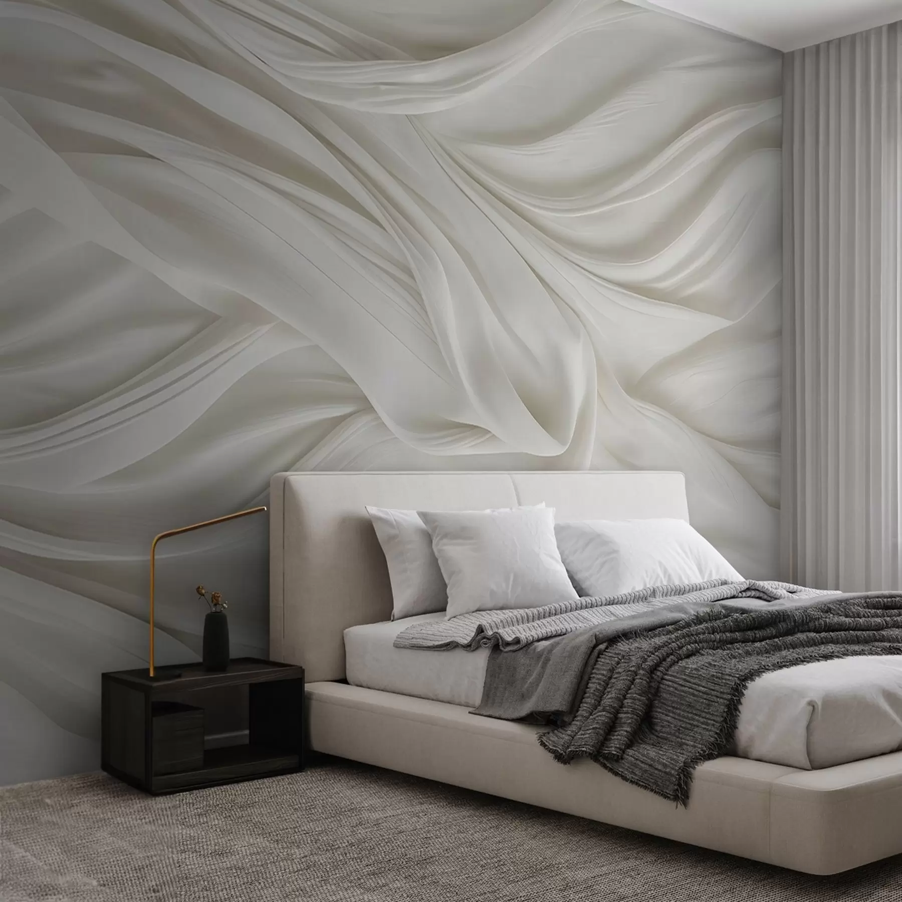Papier peint Imprimé moderne imitant un tissu blanc lisse et fluide aux plis souples et vaporeux w08537