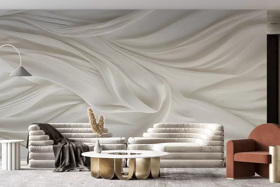 Papier peint Imprimé moderne imitant un tissu blanc lisse et fluide aux plis souples et vaporeux w08537
