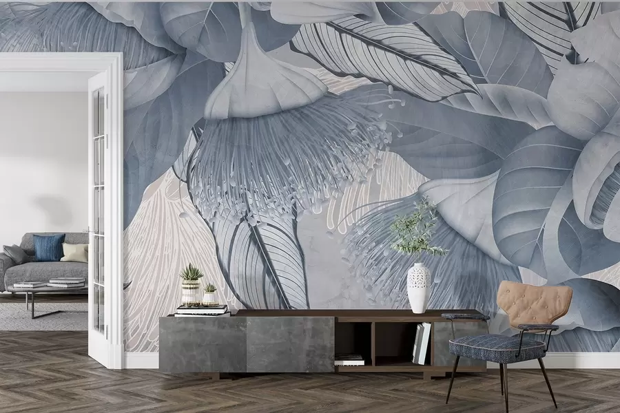 Papier peint Illustration botanique de grandes fleurs bleues d'eucaliptus avec de longues étamines sur un fond gris et blanc w08539v1