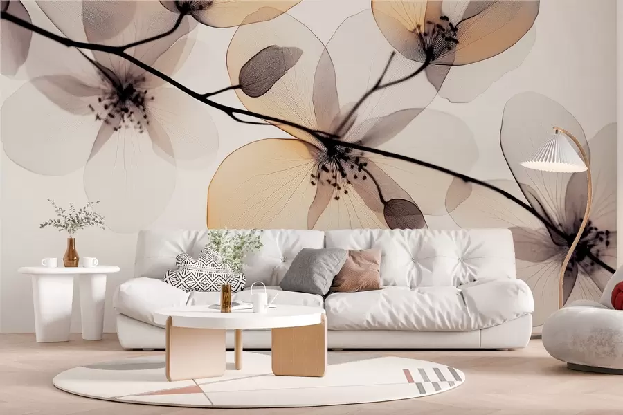 Papier peint branche délicate et raffinée avec des fleurs transparentes  w02630