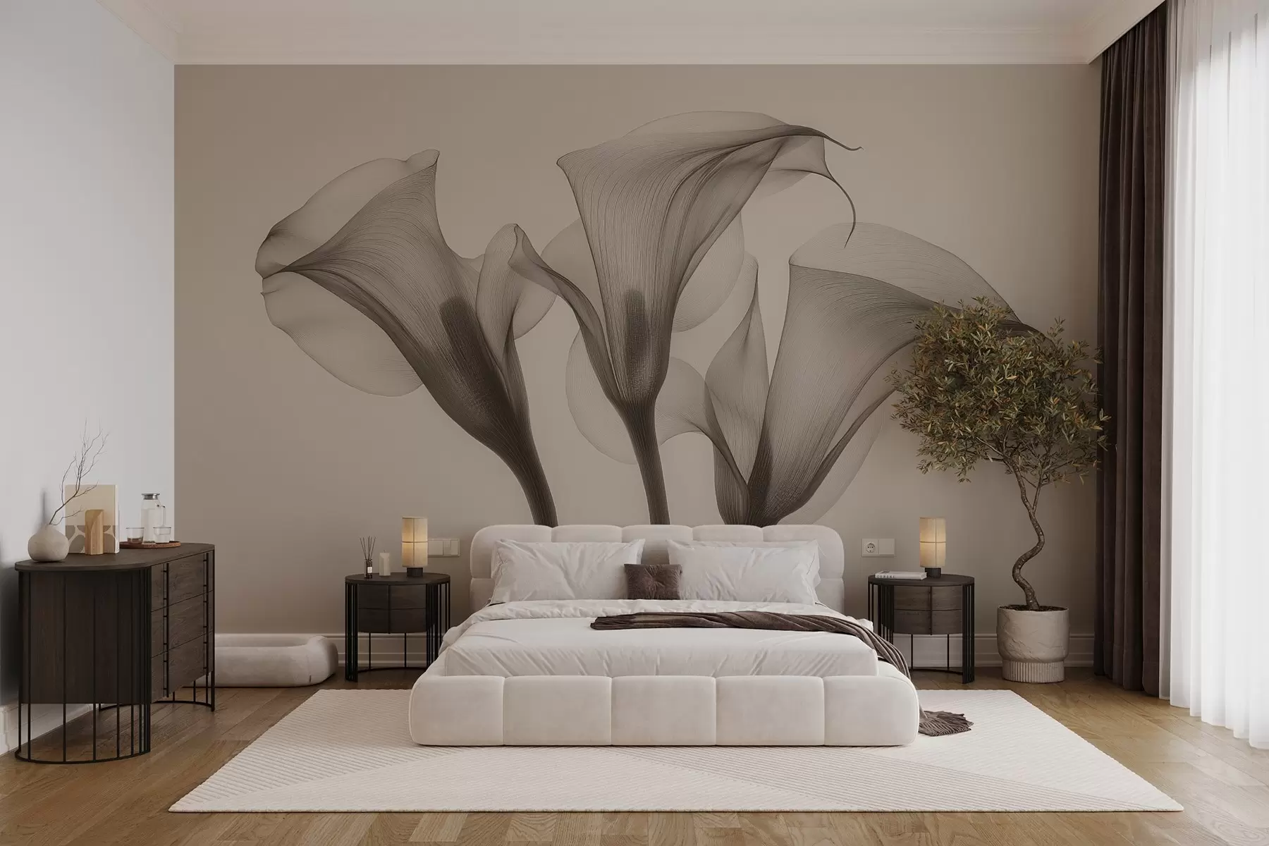 Papier peint fleurs de Zantedeschia transparentes et aérées dans les tons beiges  w02632