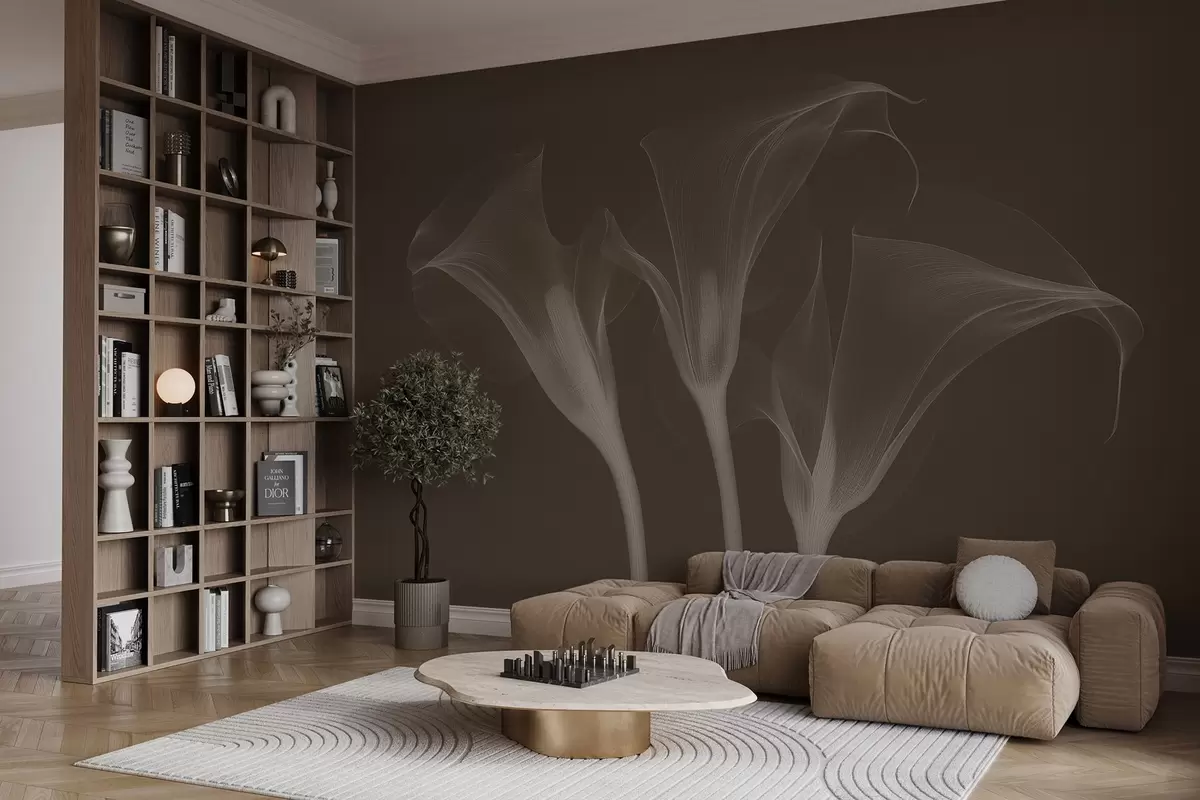 Papier peint fleurs de Zantedeschia transparentes et aérées sur fond sombre w02632v1
