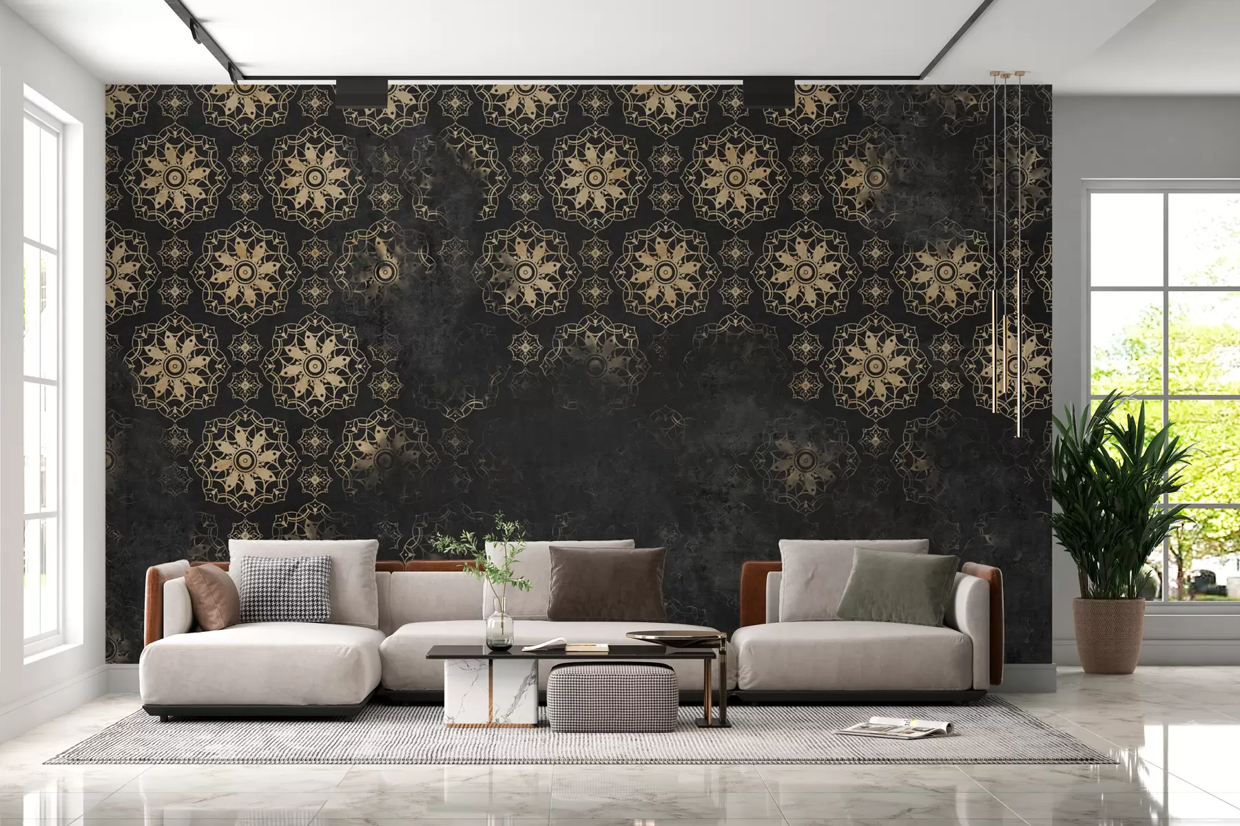 Papier peint Design vintage avec des éléments de mandala et un effet vieilli w02551