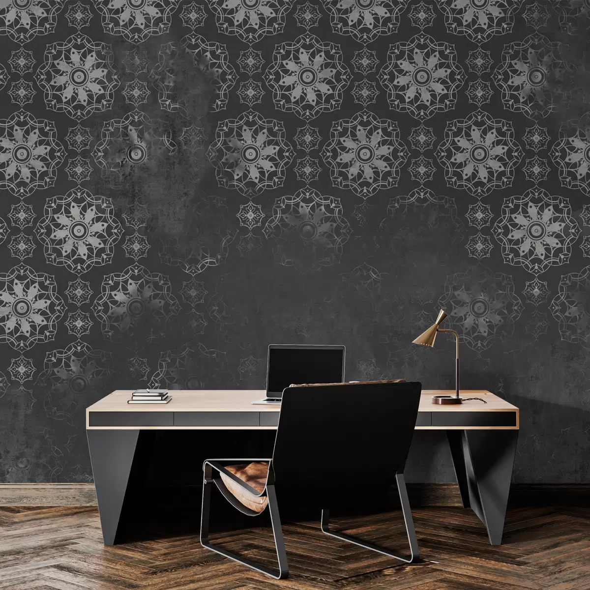Papier peint Design vintage avec éléments mandalas et effet vieilli en gris w02551v1