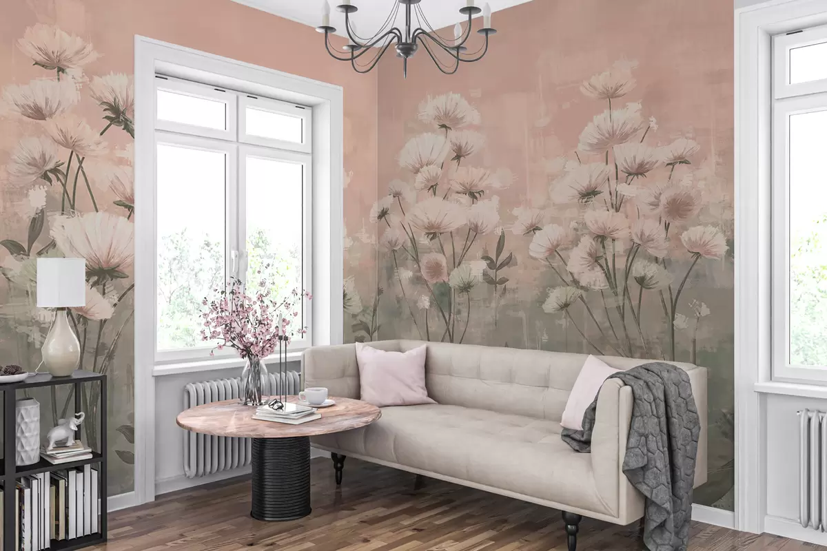 Papier peint Fleurs sauvages délicates avec effet de pinceau en rose w02629