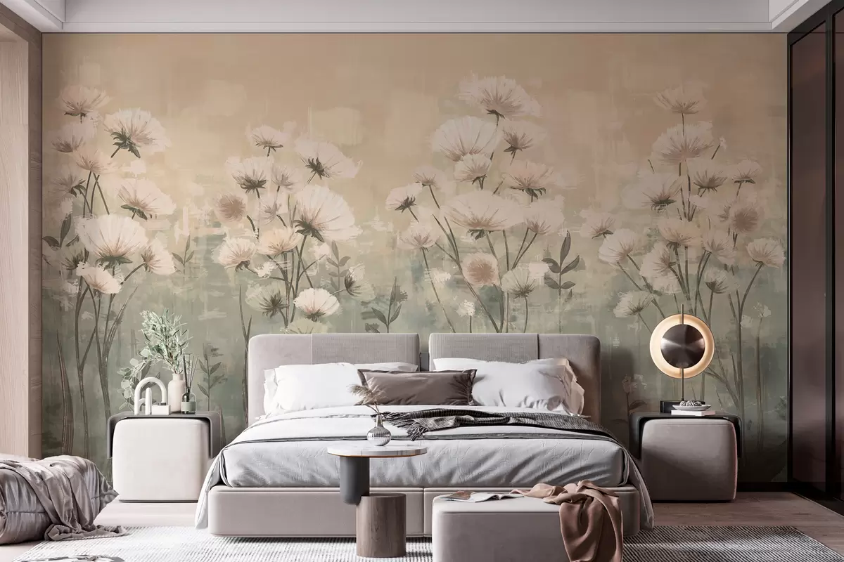Papier peint Fleurs sauvages délicates avec effet de pinceau en jaune et beige w02629v1