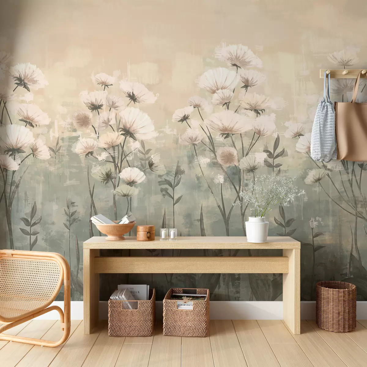 Papier peint Fleurs sauvages délicates avec effet de pinceau en jaune et beige w02629v1
