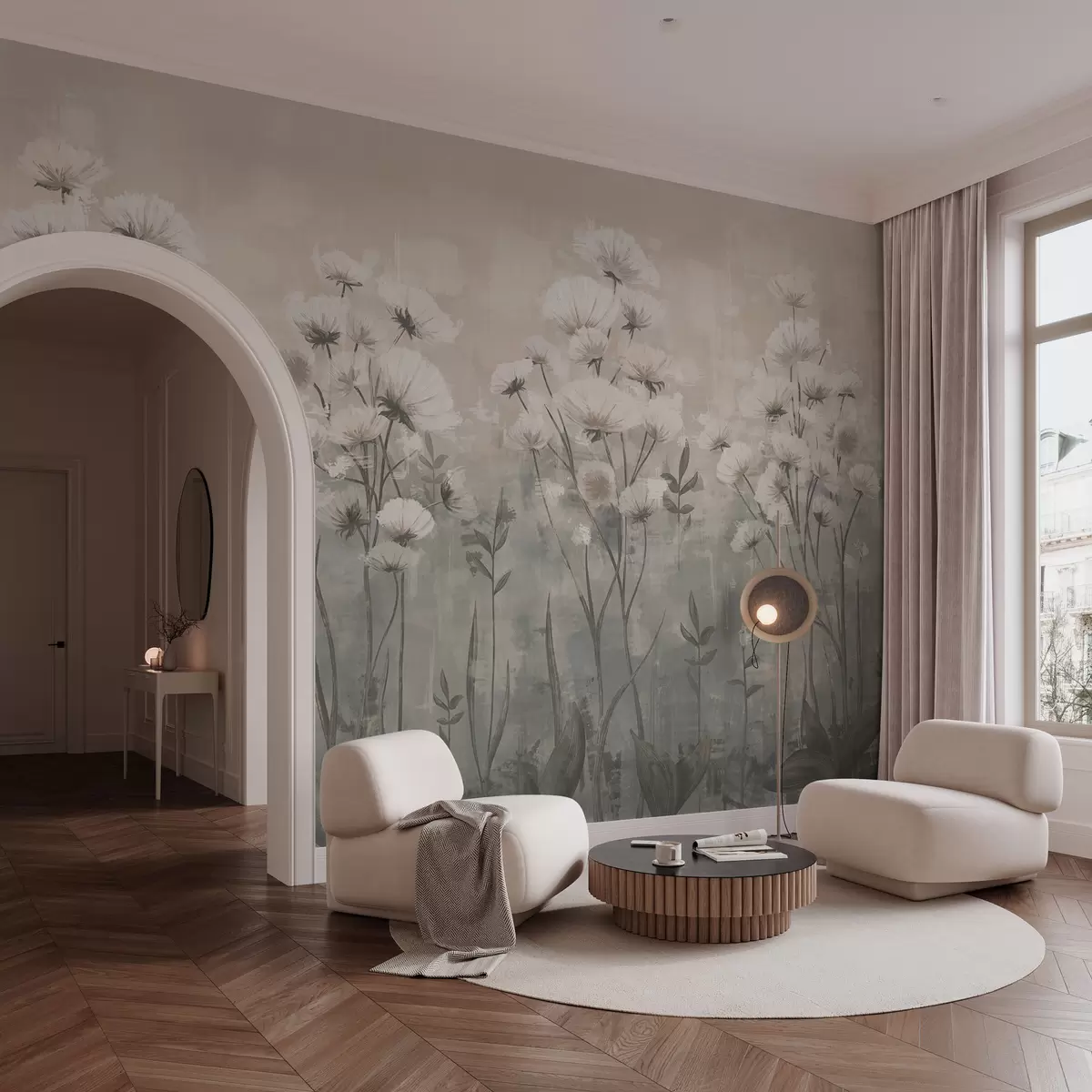 Papier peint Fleurs sauvages délicates avec effet de pinceau dans des couleurs pastel w02629v2