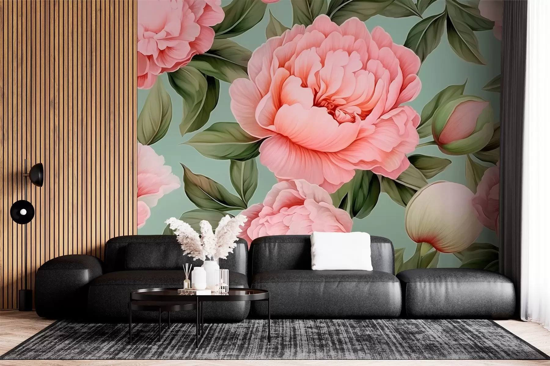 Papier peint Pivoines roses avec feuilles w02570