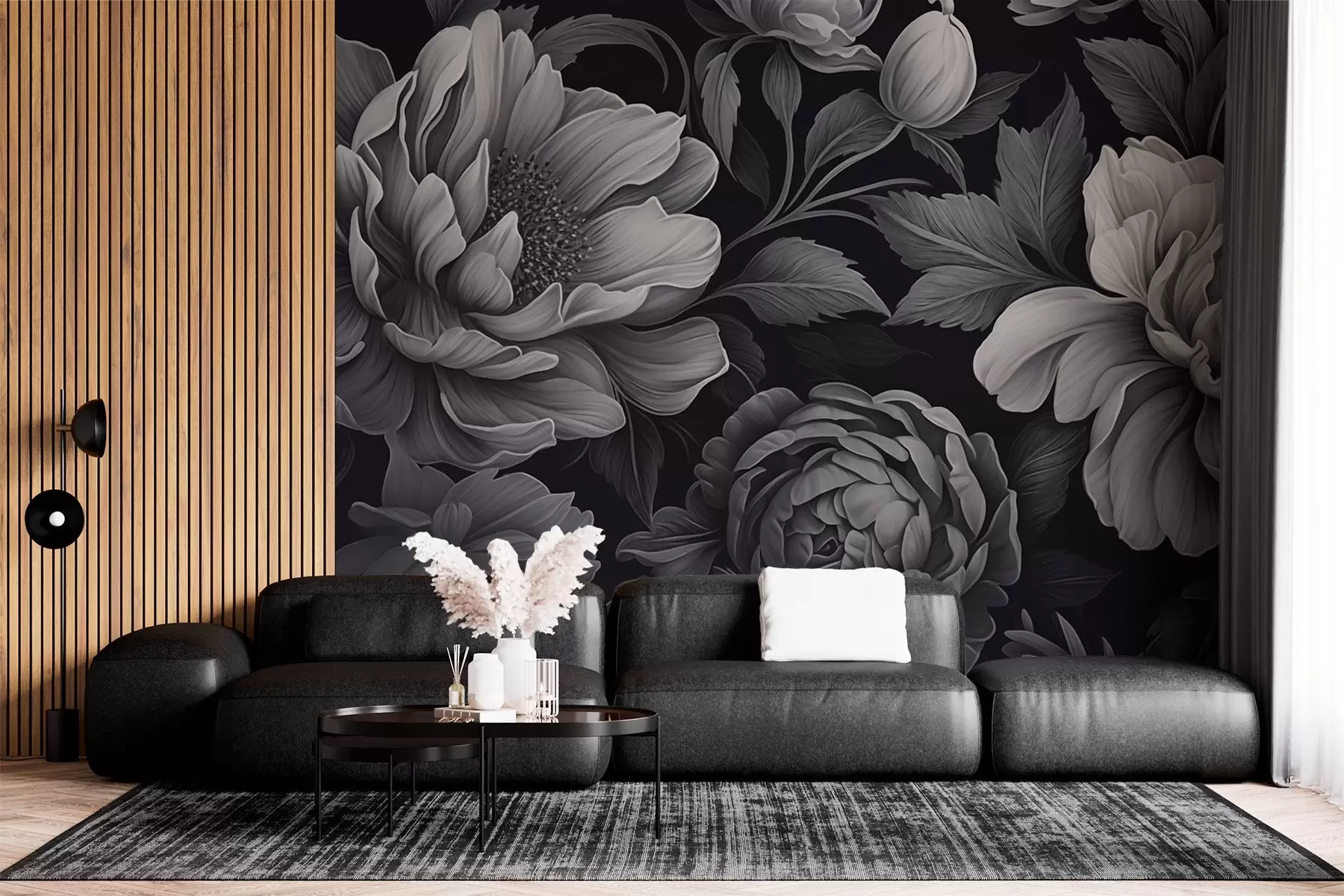Papier peint Fleurs noires et grises sur fond sombre w02575