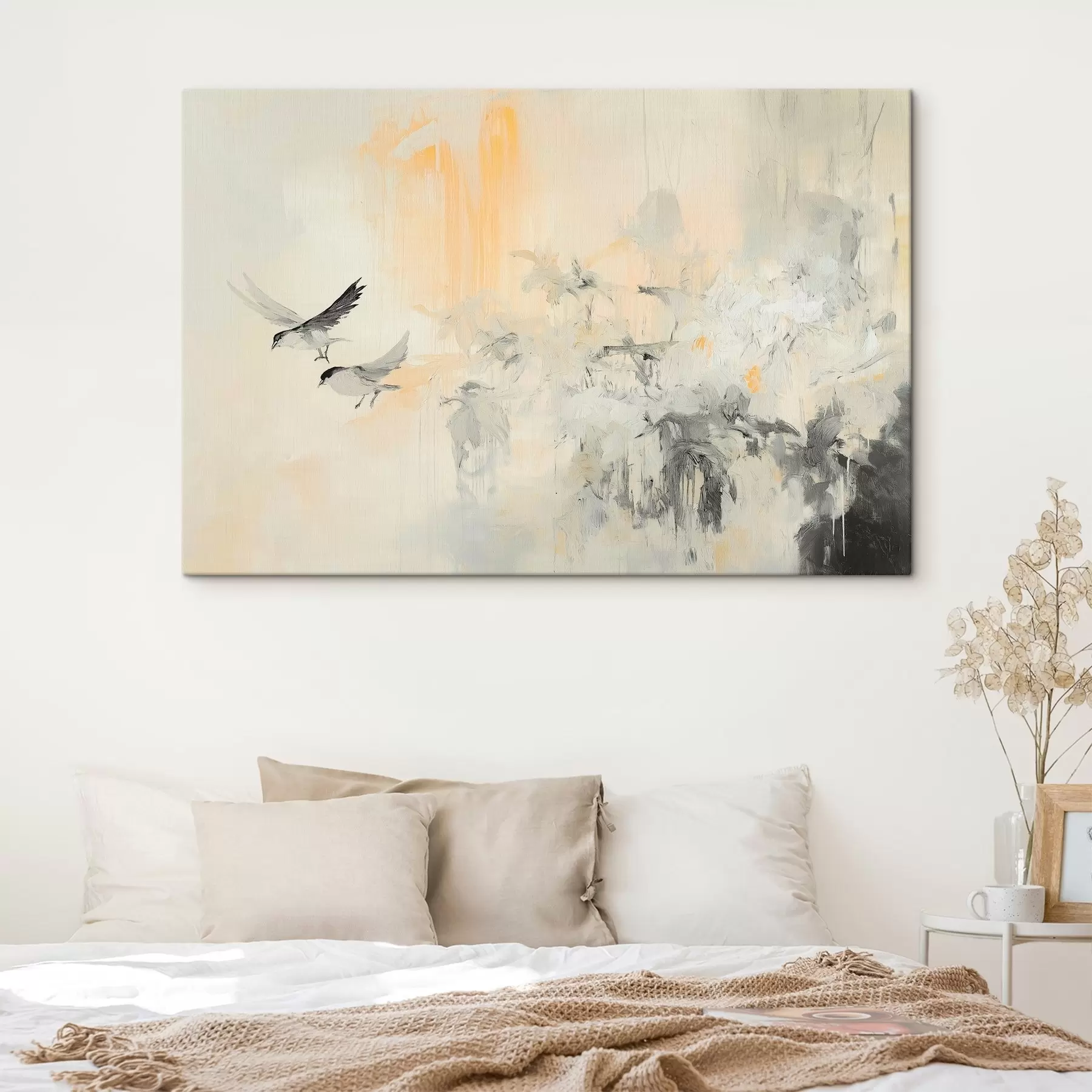 Tableau Abstraction avec oiseaux, style acrylique, couleurs grises et beiges s42206