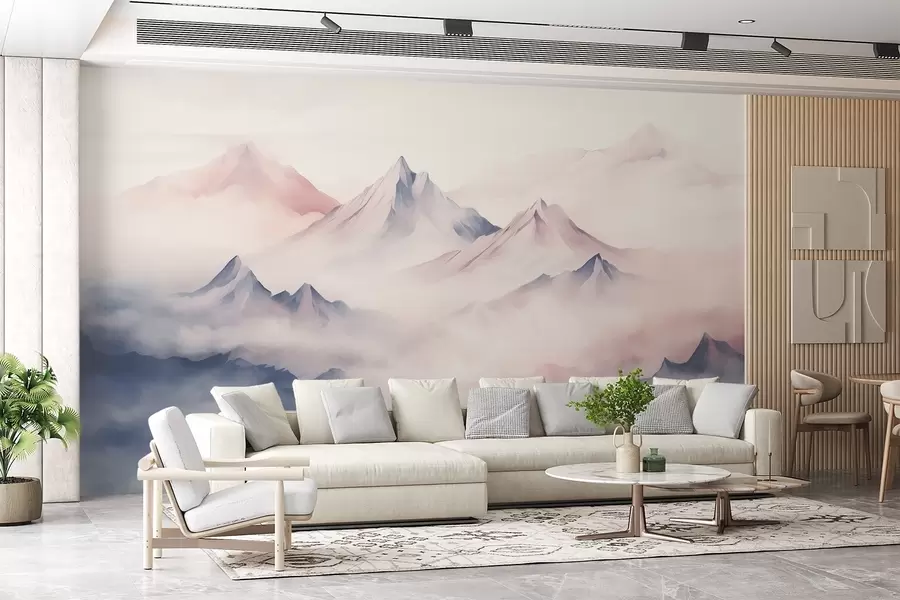 Papier peint Douceur de l'aquarelle des montagnes dans le brouillard w08573