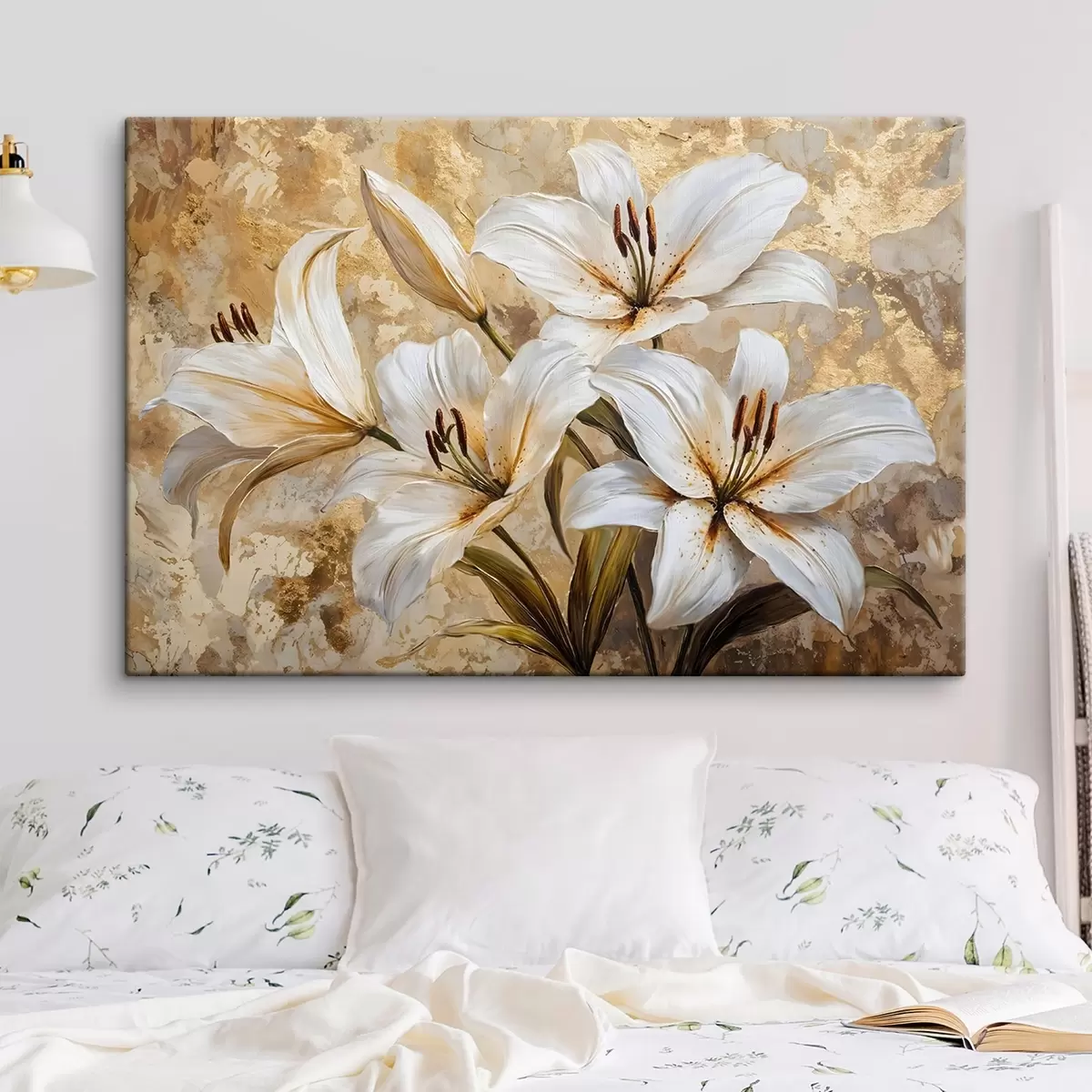 Tableau Lys blancs avec centre jaune sur fond beige texturé s42216