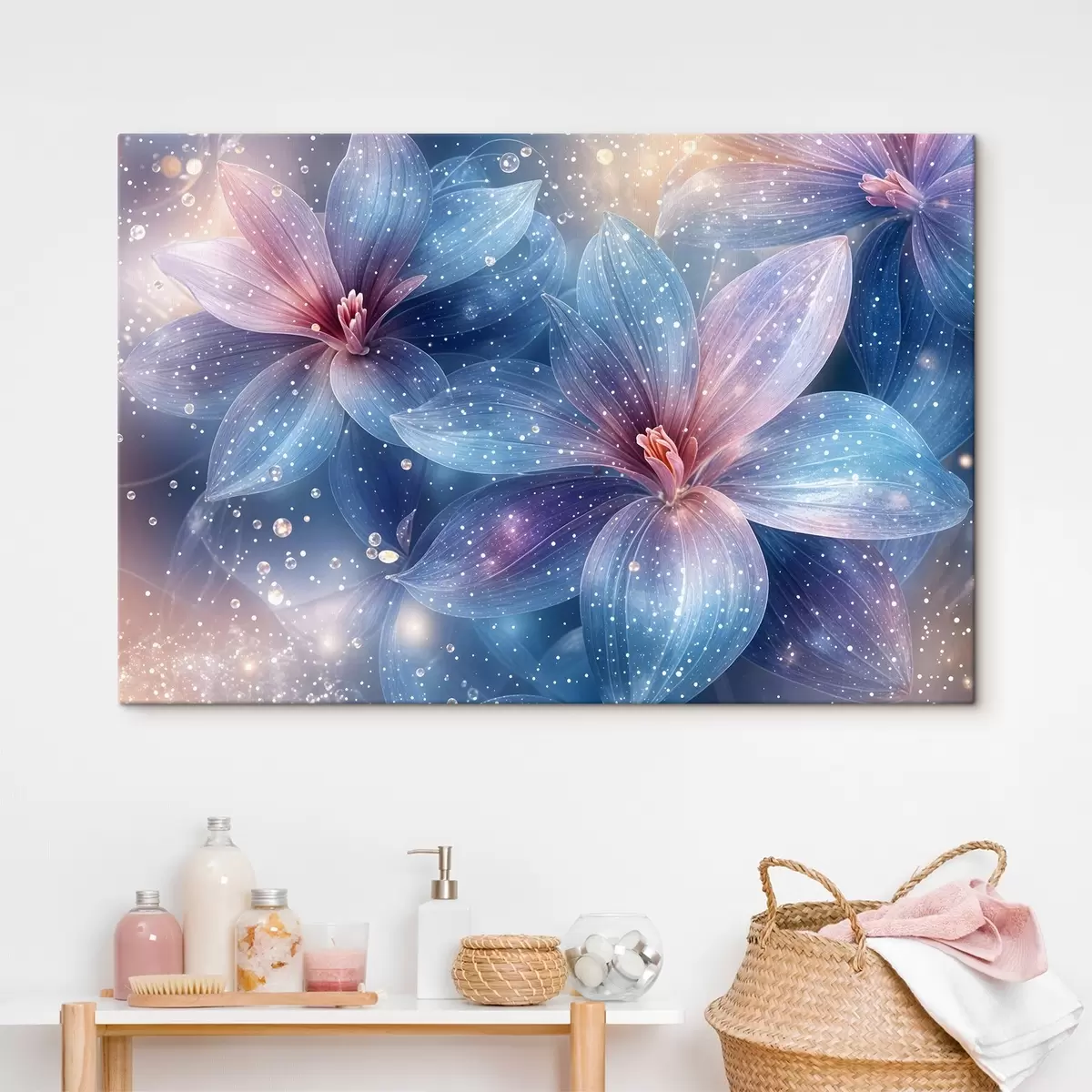 Tableau Fleurs vibrantes et éthérées avec des pétales pastel doux sur un fond étoilé de rêve s42231
