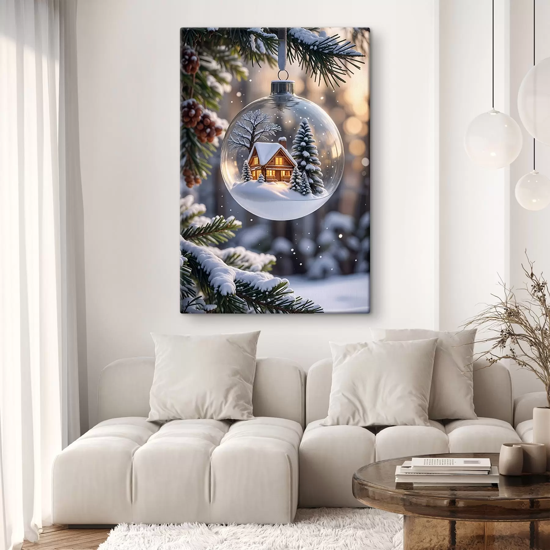 Tableau Globe de Noël en verre avec un paysage hivernal enneigé à l'intérieur, représentant une cabane confortable dans les bois avec des pins s42236