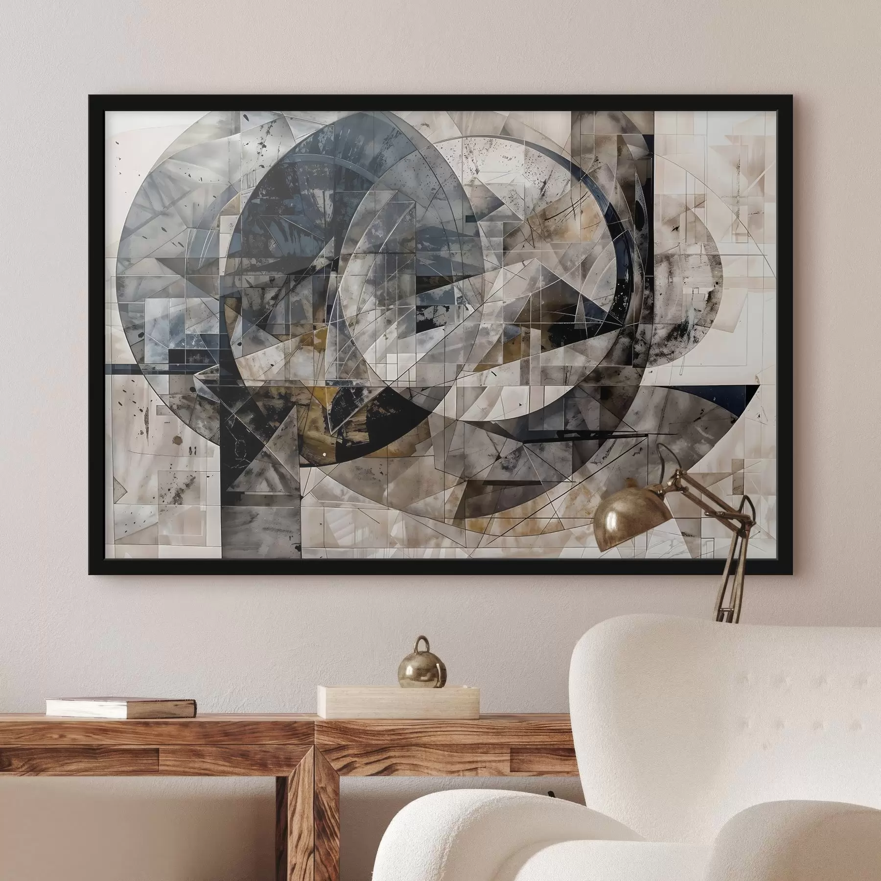 Papier peint Composition géométrique abstraite et moderne avec des formes qui se chevauchent et des imprimés dans les tons gris, noirs et beiges f42212