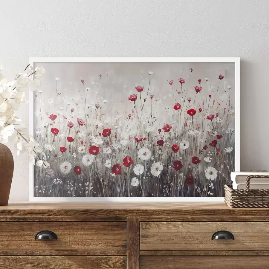 Papier peint Imitation abstraite de peinture à l'huile d'un champ de coquelicots et de marguerites rouges et blancs sur un fond texturé gris f42213