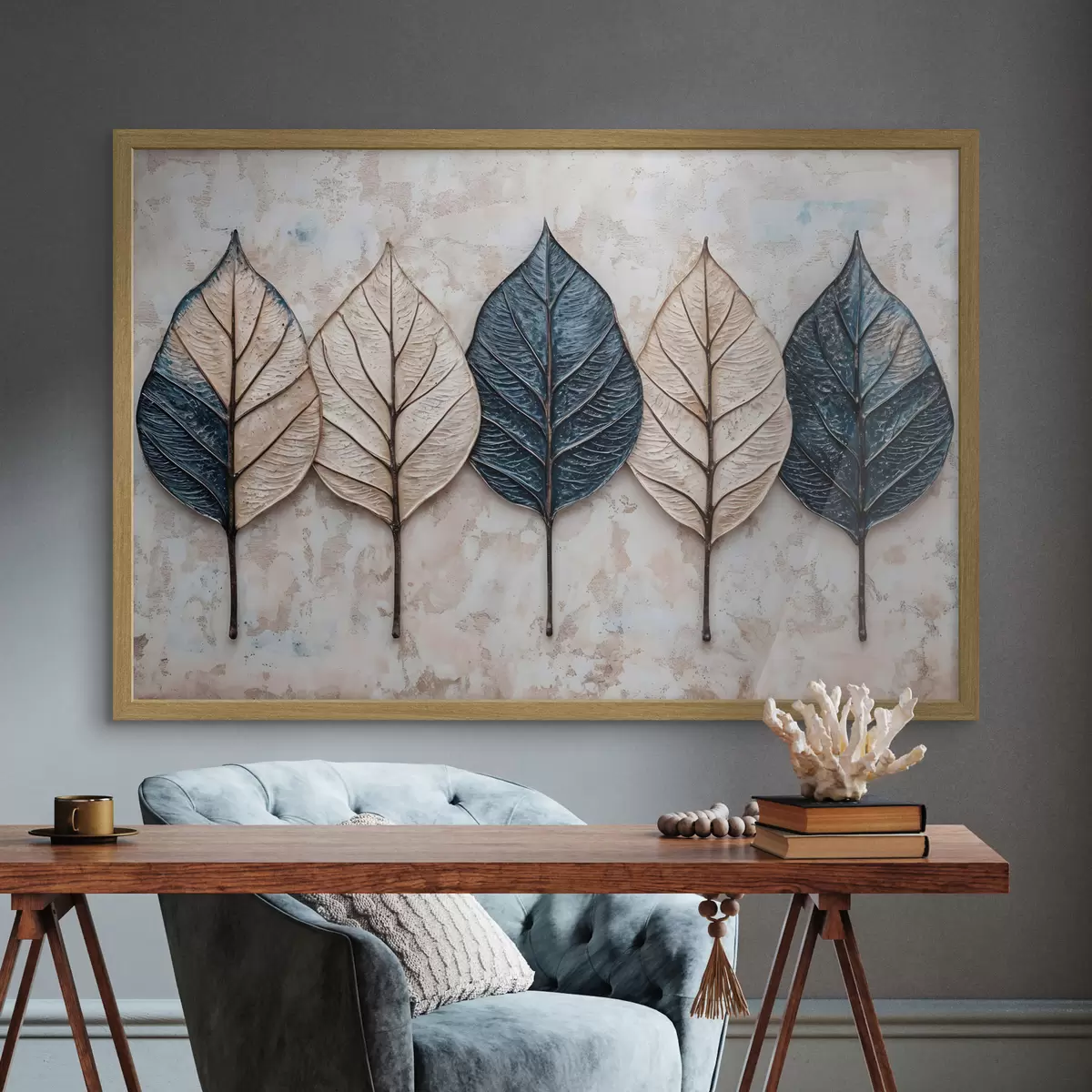 Poster Feuilles d'automne abstraites assorties dans différentes nuances de brun, de beige et de bleu, disposées en rang sur un fond clair f42217