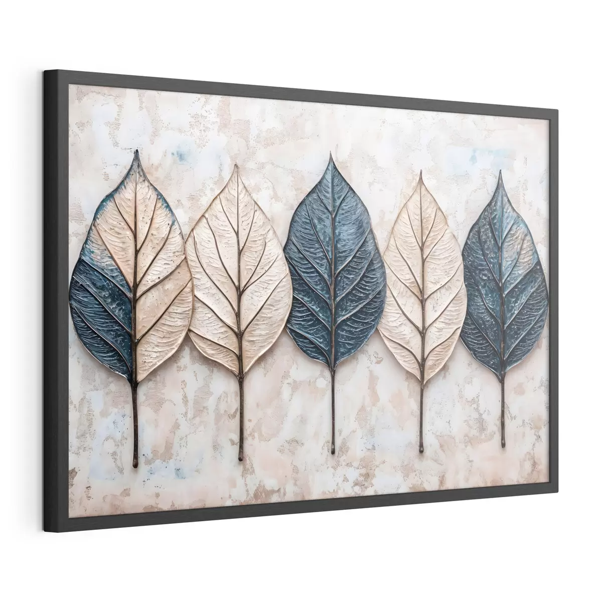Poster Feuilles d'automne abstraites assorties dans différentes nuances de brun, de beige et de bleu, disposées en rang sur un fond clair f42217
