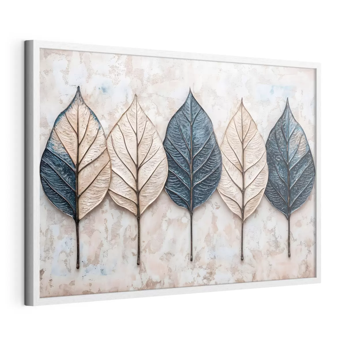 Poster Feuilles d'automne abstraites assorties dans différentes nuances de brun, de beige et de bleu, disposées en rang sur un fond clair f42217