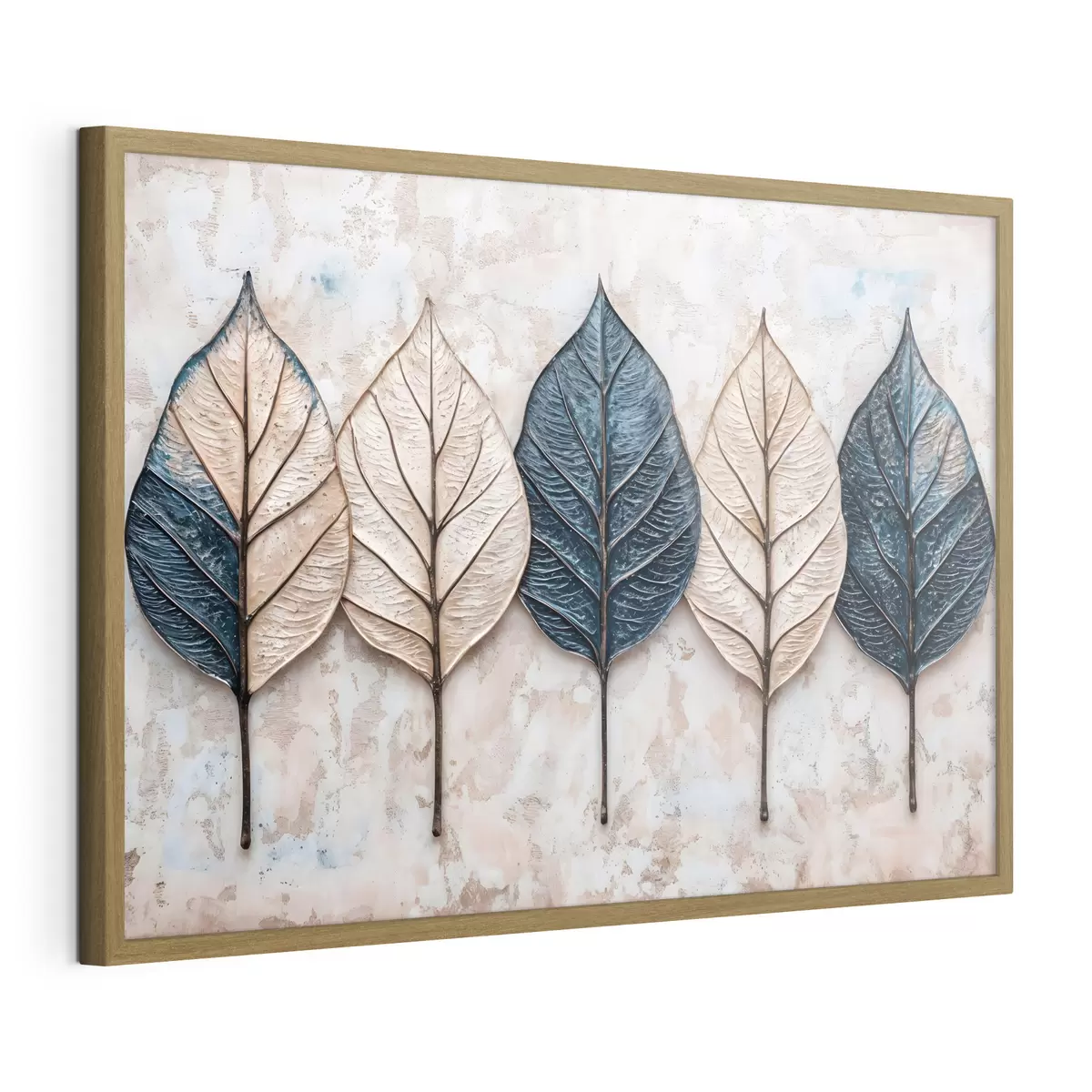 Poster Feuilles d'automne abstraites assorties dans différentes nuances de brun, de beige et de bleu, disposées en rang sur un fond clair f42217