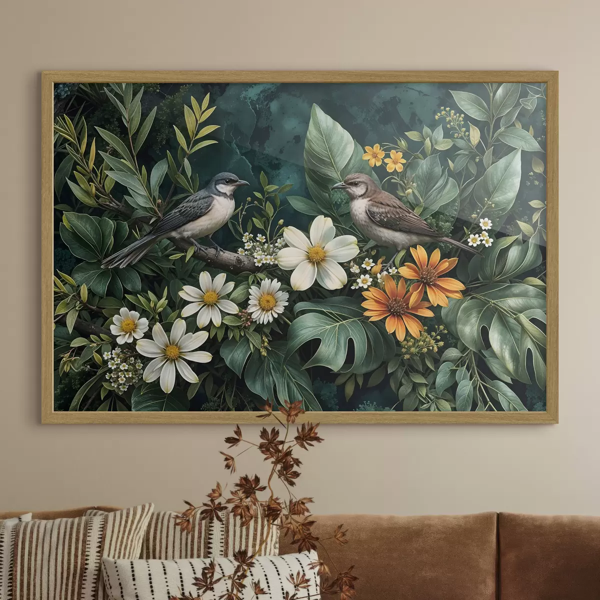 Poster Petits oiseaux perchés sur des branches, entourés d'un feuillage tropical luxuriant, comprenant de grandes feuilles vertes et des fleurs colorées f42220