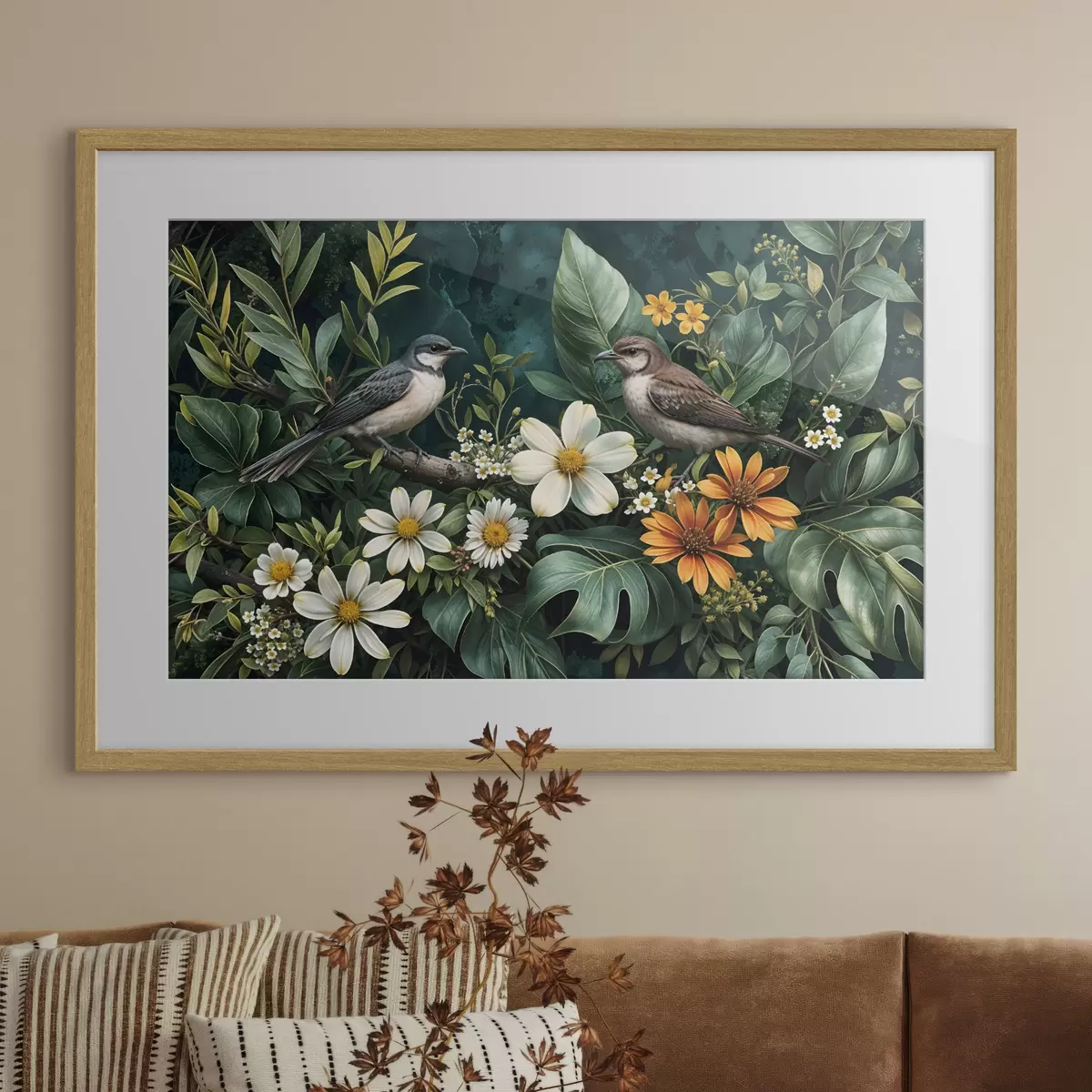 Poster Petits oiseaux perchés sur des branches, entourés d'un feuillage tropical luxuriant, comprenant de grandes feuilles vertes et des fleurs colorées f42220