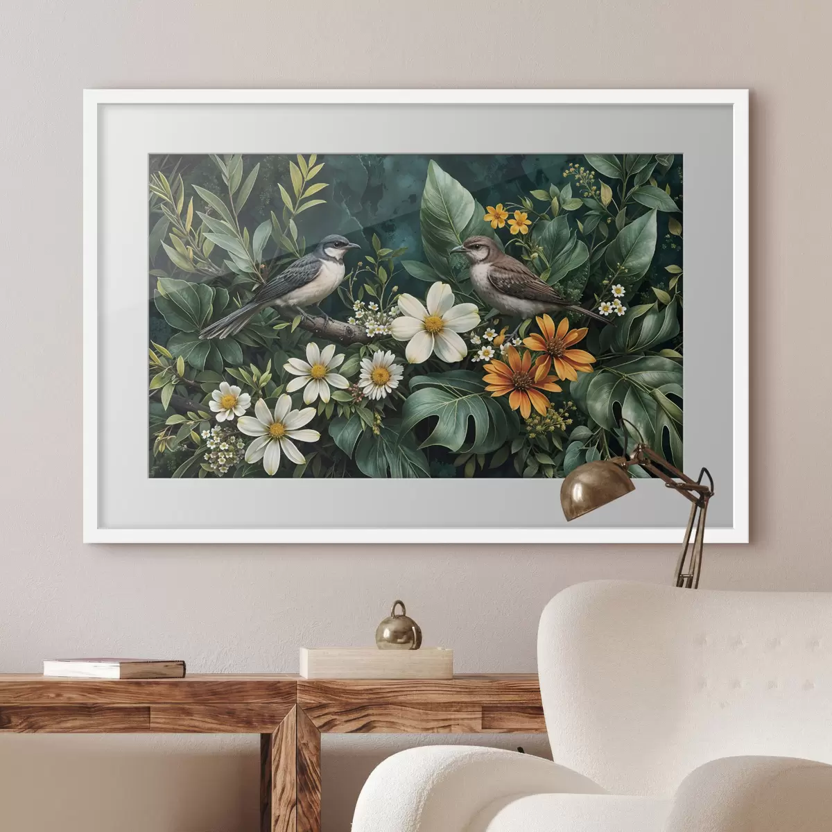 Poster Petits oiseaux perchés sur des branches, entourés d'un feuillage tropical luxuriant, comprenant de grandes feuilles vertes et des fleurs colorées f42220