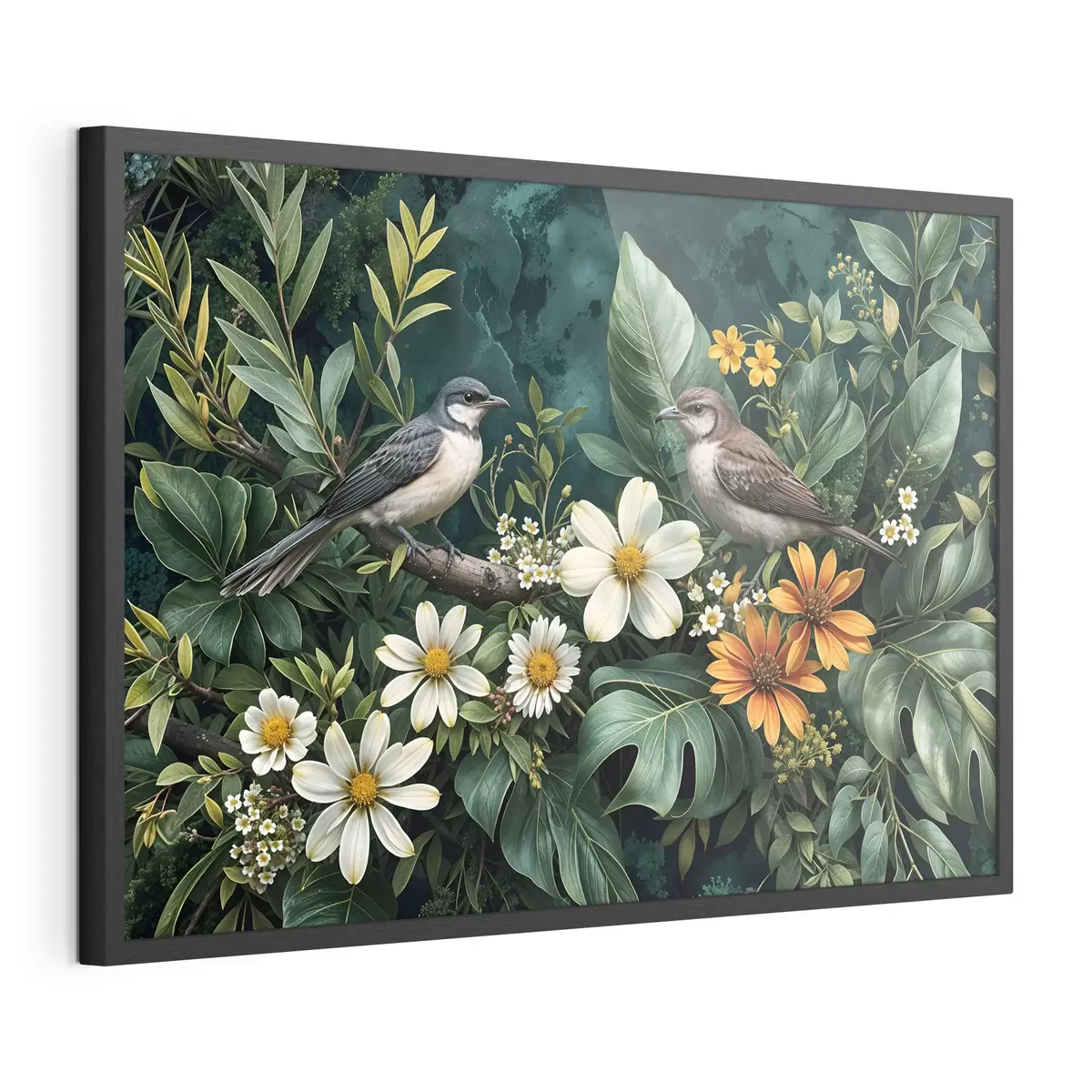 Poster Petits oiseaux perchés sur des branches, entourés d'un feuillage tropical luxuriant, comprenant de grandes feuilles vertes et des fleurs colorées f42220