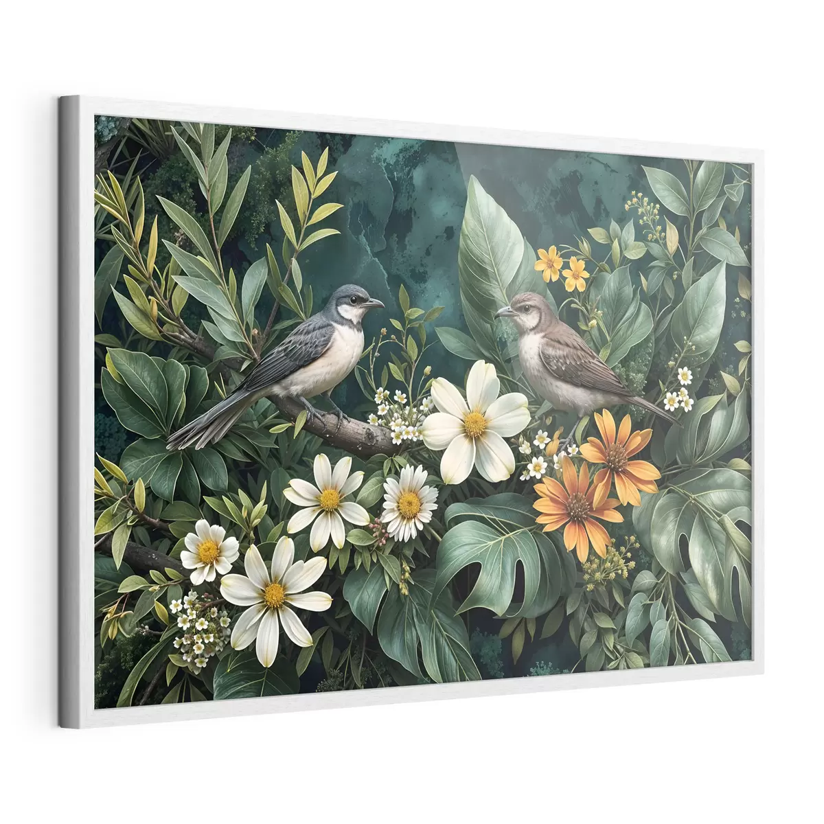 Poster Petits oiseaux perchés sur des branches, entourés d'un feuillage tropical luxuriant, comprenant de grandes feuilles vertes et des fleurs colorées f42220