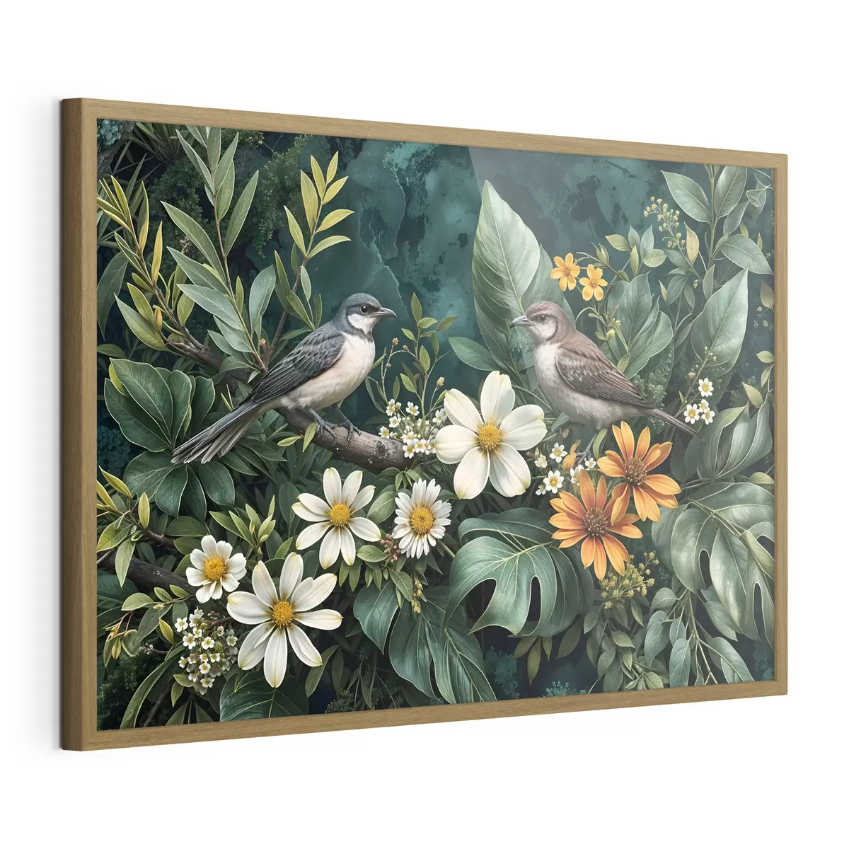 Poster Petits oiseaux perchés sur des branches, entourés d'un feuillage tropical luxuriant, comprenant de grandes feuilles vertes et des fleurs colorées f42220