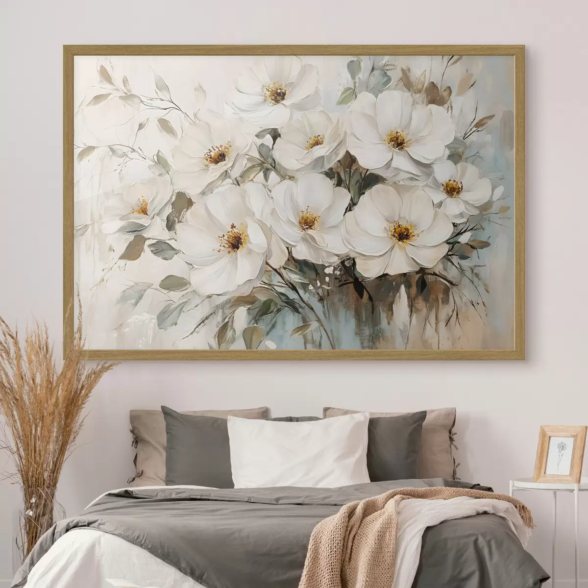 Poster Bouquet de grandes fleurs blanches dans le style de la peinture à l'huile avec des centres jaunes sur un fond clair f42222