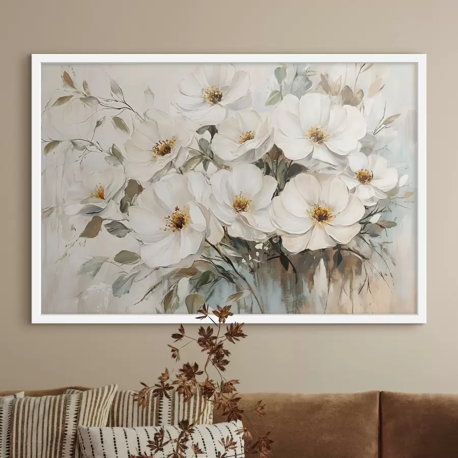 Papier peint Bouquet de grandes fleurs blanches dans le style de la peinture à l'huile avec des centres jaunes sur un fond clair f42222