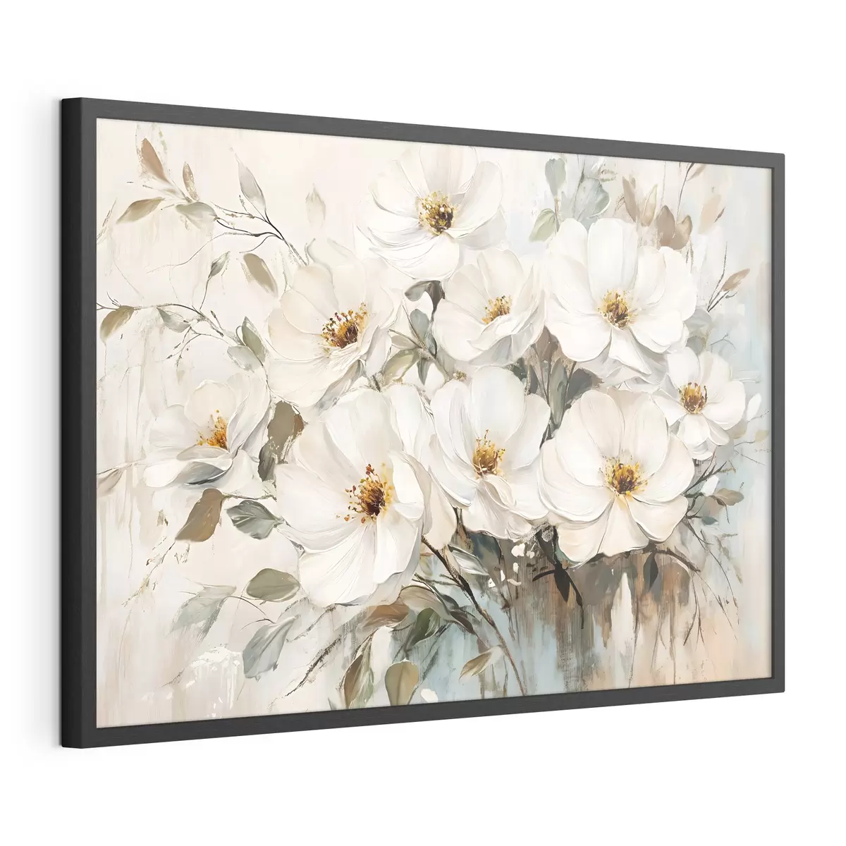 Poster Bouquet de grandes fleurs blanches dans le style de la peinture à l'huile avec des centres jaunes sur un fond clair f42222