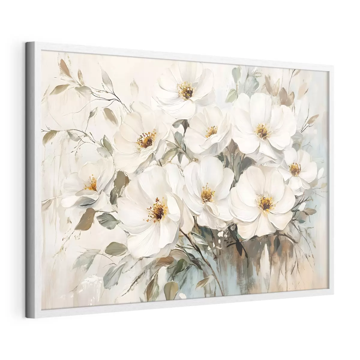 Poster Bouquet de grandes fleurs blanches dans le style de la peinture à l'huile avec des centres jaunes sur un fond clair f42222