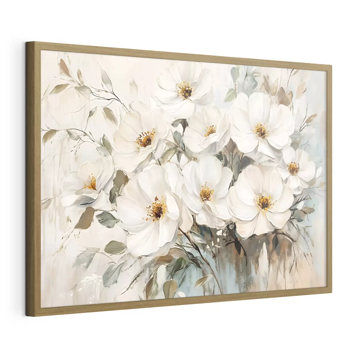 Poster Bouquet de grandes fleurs blanches dans le style de la peinture à l'huile avec des centres jaunes sur un fond clair f42222